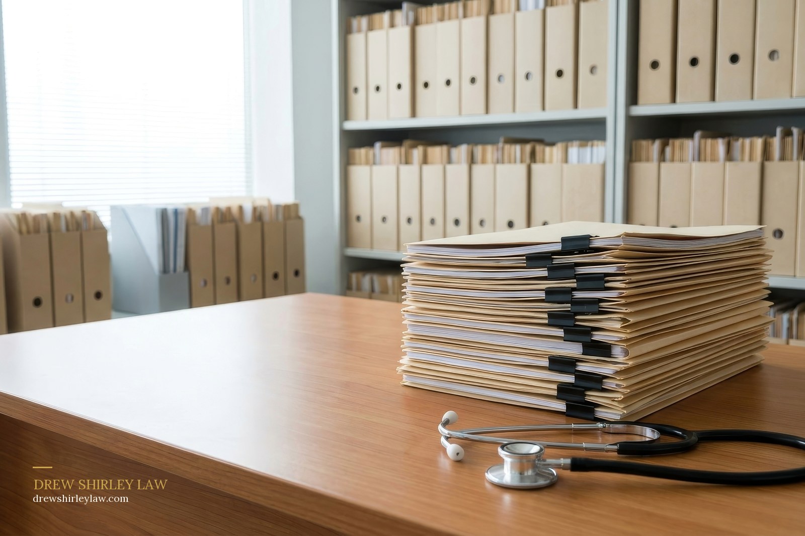 A tall stack of bound patient medical records and a stethoscope on a desk, with archive shelves of files behind, representing the records a Texas medical malpractice expert must review