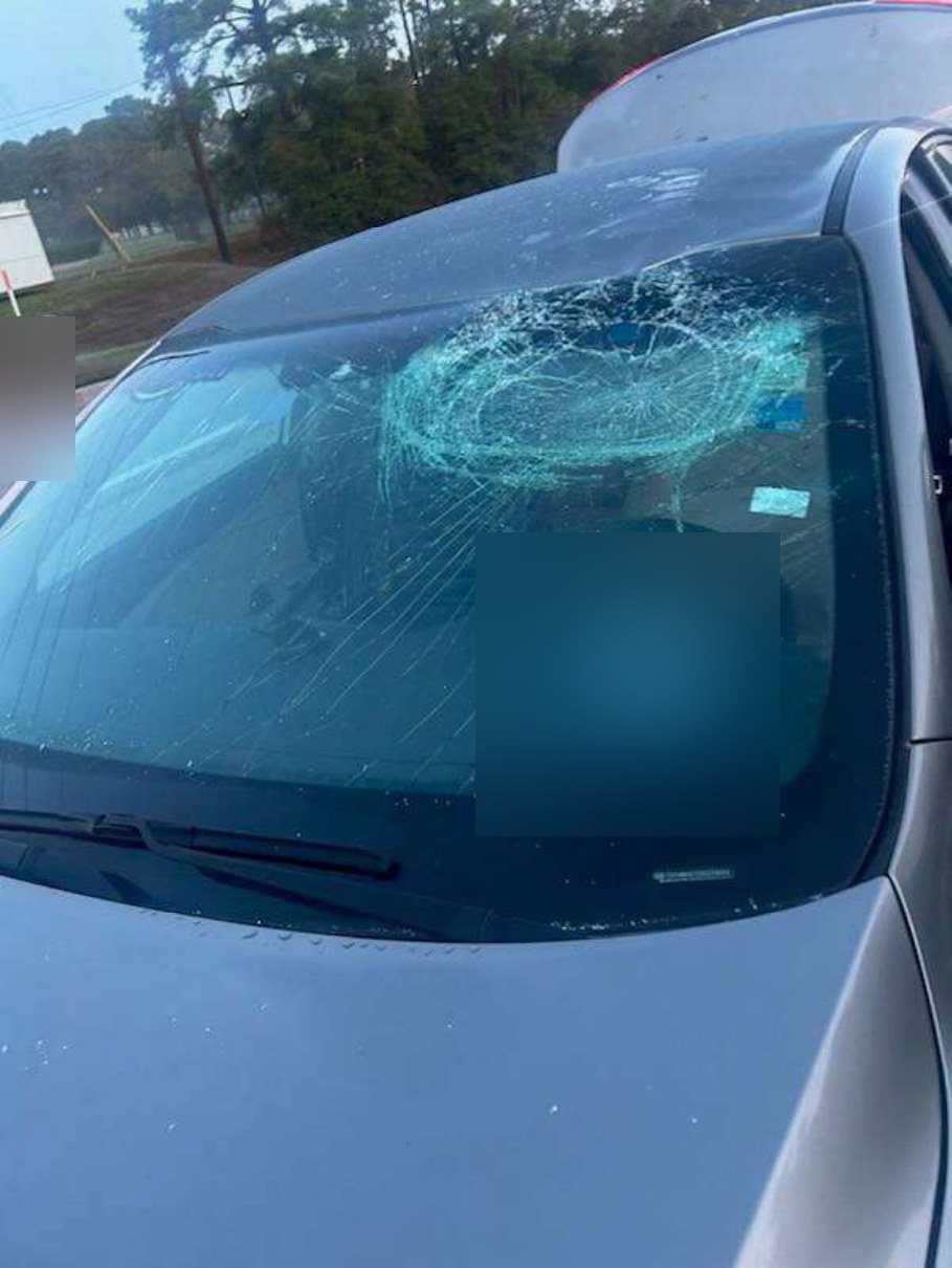 Spiderweb crack across a windshield where a wheel struck the glass.